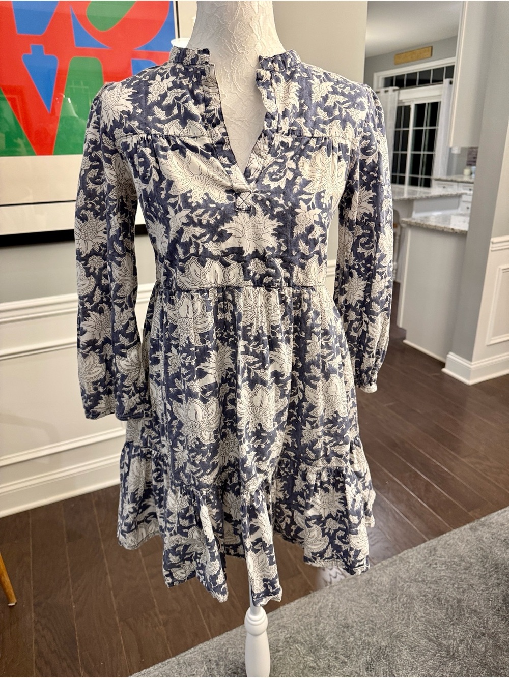 Navy Floral Tiered Long Sleeve Dress